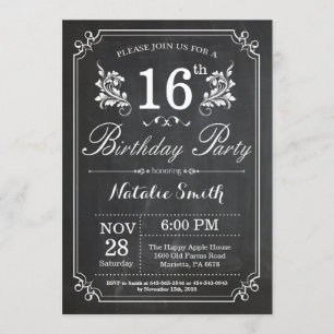 16e anniversaire Invitation Floral Chalkboard