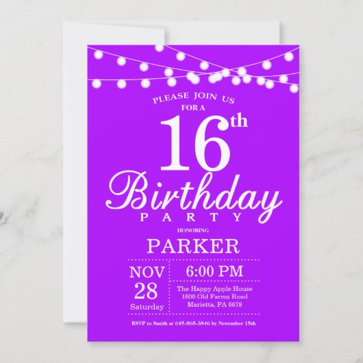 16e anniversaire Invitation Lavande violette Lilac (Devant)