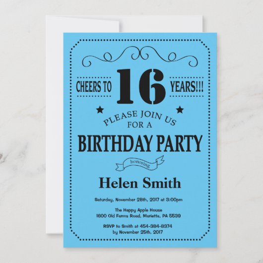 16e anniversaire Invitation Noir et Bleu (Devant)