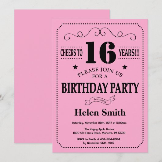 16e anniversaire Invitation noir et rose (Devant / Derrière)
