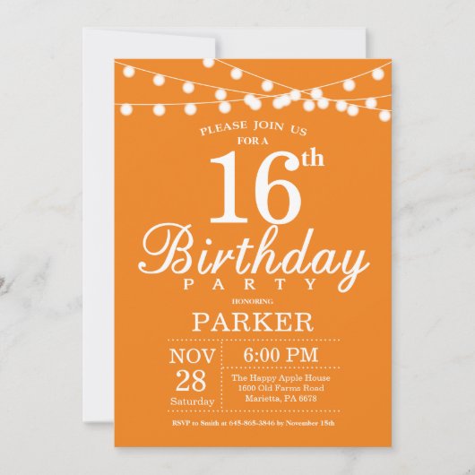16e anniversaire Invitation Orange (Devant)