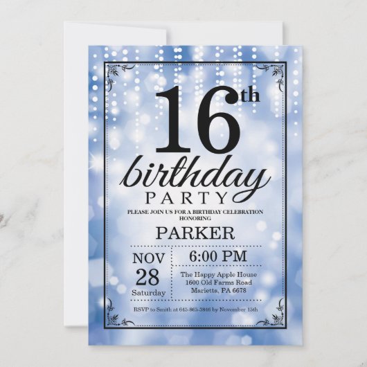 16e anniversaire Invitation Parties scintillant bl (Devant)