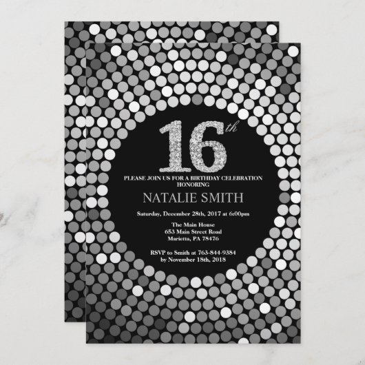 16e anniversaire Invitation Parties scintillant no (Devant / Derrière)