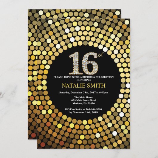 16e anniversaire Invitation Parties scintillant no (Devant / Derrière)