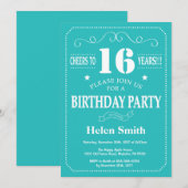 16e anniversaire Invitation Turquoise et blanche (Devant / Derrière)