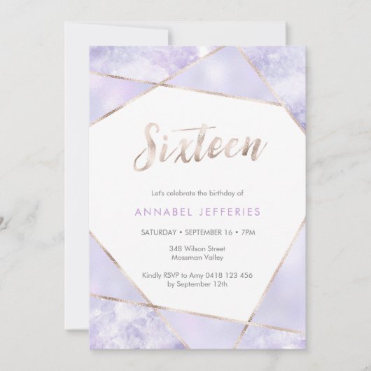16e anniversaire Invitation violet et or (Devant)