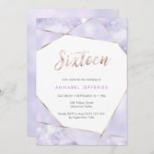 16e anniversaire Invitation violet et or (Devant / Derrière)