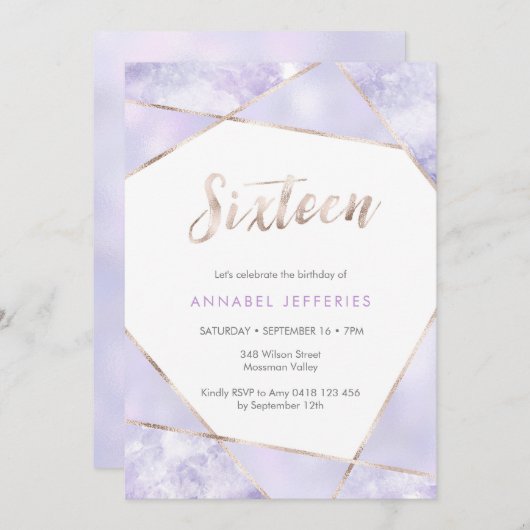 16e anniversaire Invitation violet et or (Devant / Derrière)