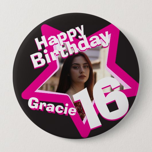 16e anniversaire photo fun hot rose bouton / badge (Devant)
