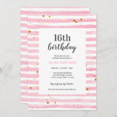 16e anniversaire Pink Stripe Party Invitation (Devant / Derrière)