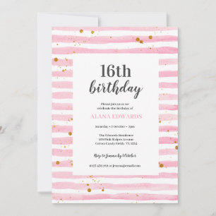 16e anniversaire Pink Stripe Party Invitation