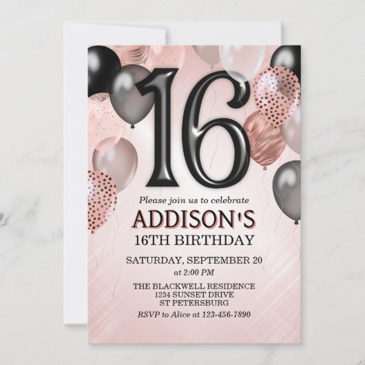 16e anniversaire Rose Gold Ballons Invitation (Devant)