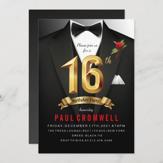 16e anniversaire Sweet 16 Tuxedo Invitation (Devant / Derrière)