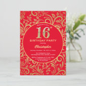 16e Birthday Red en Gold Floral Pattern Kaart (Staand voorkant)