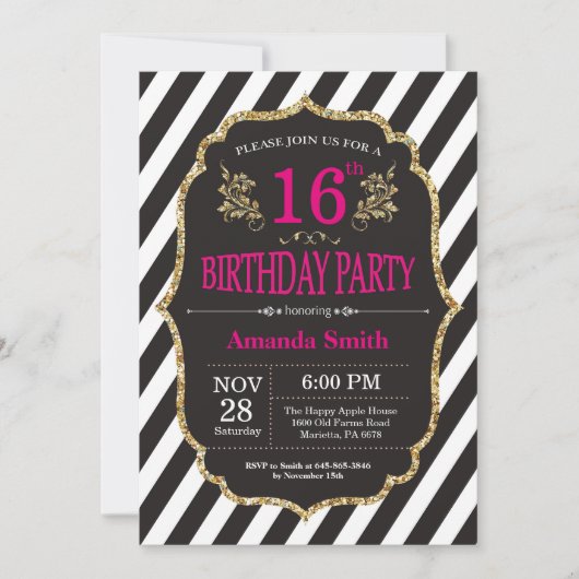 16e Invitation d'anniversaire. Parties scintillant (Devant)