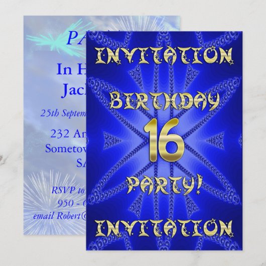 16e invitation de fête d'anniversaire (Devant / Derrière)