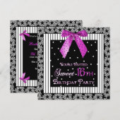 16e INVITATION DE FÊTE D'ANNIVERSAIRE, Noir/Fuchsi (Devant / Derrière)