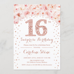 16e Surprise Birthday Party - White Rose Gold Kaart