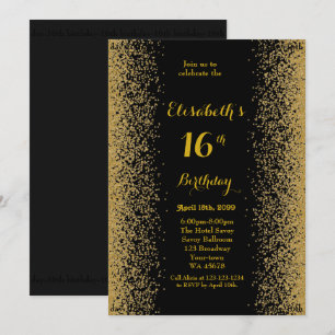 16e verjaardag, 16e verjaardag, glitter, zwart gou kaart