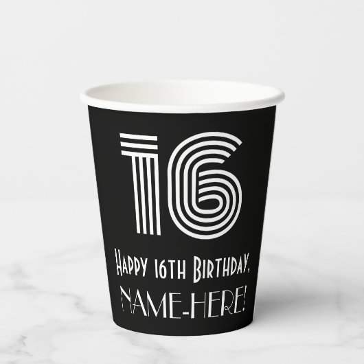 16e verjaardag — Art Deco Geïnspireerde look "16" Papieren Bekers (Achterkant)