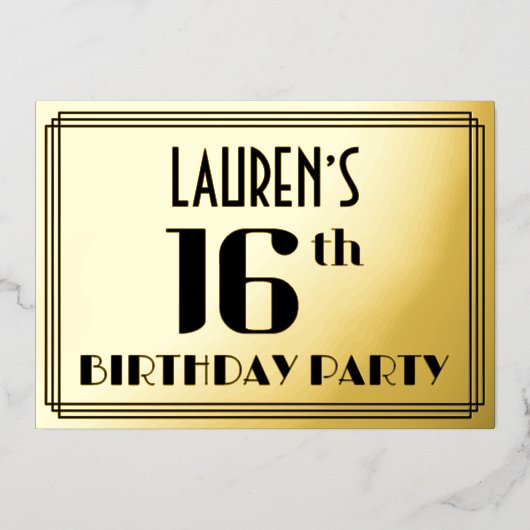 16e verjaardag: Art Deco Kijk "16" en naam Folie Uitnodiging (Voorkant)