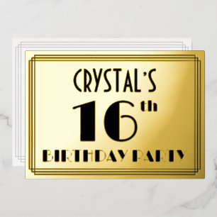 16e verjaardag — Art Deco look "16" + Naam Folie Uitnodiging