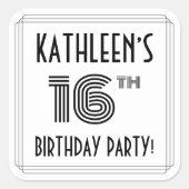 16e verjaardag: Art Deco Style + aangepaste naam Vierkante Sticker (Voorkant)