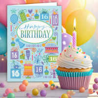 16e verjaardag Blue Cake Balloon Kaart