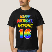 16e Verjaardag - Bold, Fun, Rainbow 16, Custom Nam T-shirt (Voorkant)