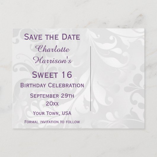 16e Verjaardag Damask en Faux Bow Save The Date Aankondigingskaart (Achterkant)