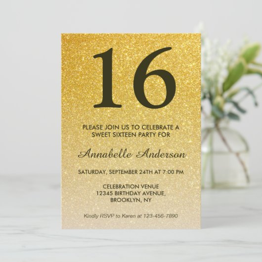 16e verjaardag Elegant Black Gold Glitter Ombre Kaart (Staand voorkant)