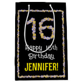 16e verjaardag: Floral Flowers Number, Custom Name Medium Cadeauzakje (Voorkant)