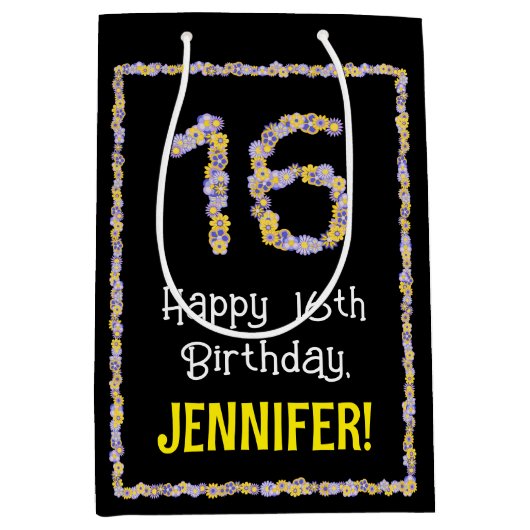 16e verjaardag: Floral Flowers Number, Custom Name Medium Cadeauzakje (Voorkant)