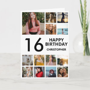 16e verjaardag Foto Collage 13 Foto's Black White Kaart