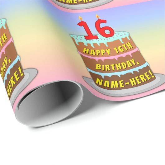 16e verjaardag: Fun Cake and Candles + Custom Name Cadeaupapier (Rol Hoek)