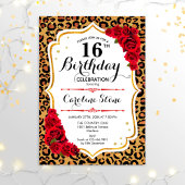 16e verjaardag - Gold Red Leopard Print Kaart