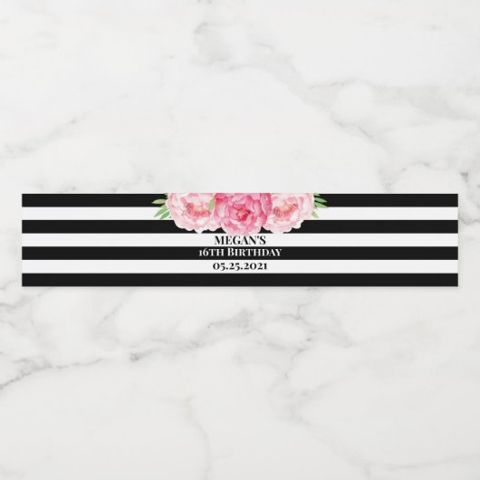 16e verjaardag Goud Zwart Strepen Roze Bloemen Waterfles Etiket (Enkel label)