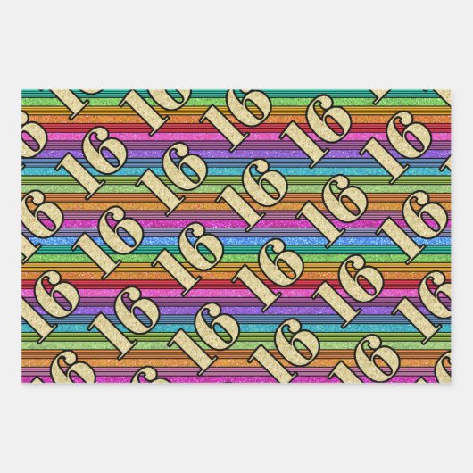 16e Verjaardag Gouden Getallen Regenboog Streep Gl Inpakpapier Vel (Voorkant 2)