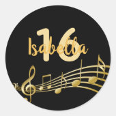 16e verjaardag gouden muzieknoten op elegant zwart ronde sticker (Voorkant)