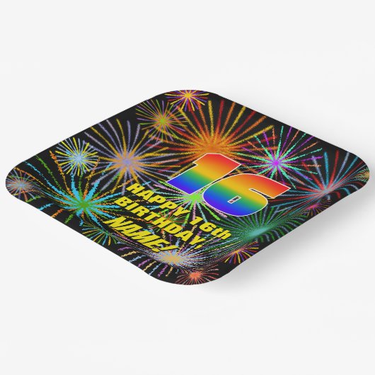 16e verjaardag: kleurrijk, gevierd vuurwerk papieren bordje (Gebogen)
