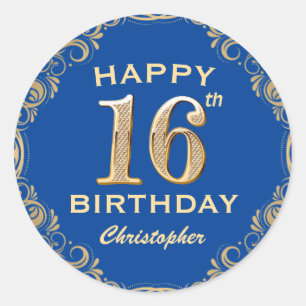 16e verjaardag Lijst Blauw en Glitter Glitter Ronde Sticker