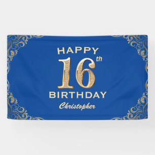 16e verjaardag Lijst Blauw en Glitter Glitter Spandoek