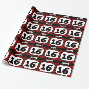 16e verjaardag Lijst voor Him RED CHECKS V12 Cadeaupapier
