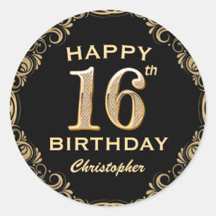 16e verjaardag Lijst voor zwarte en goudglitter Ronde Sticker