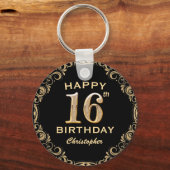 16e verjaardag Lijst voor zwarte en goudglitter Sleutelhanger (Voorkant)