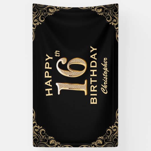 16e verjaardag Lijst voor zwarte en goudglitter Spandoek (Verticaal)