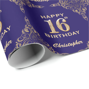 16e verjaardag marinenblauw en goudglitter Lijst Cadeaupapier