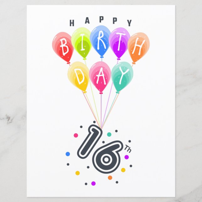 16e verjaardag met kleurrijke ballonnen (Voorkant)
