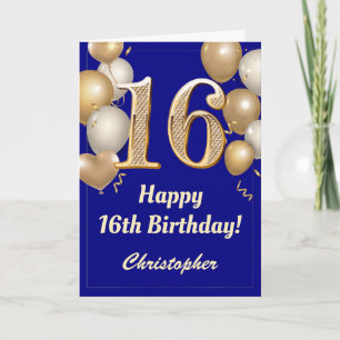 16e verjaardag Navy Blue en Gold Balloons Confetti Kaart