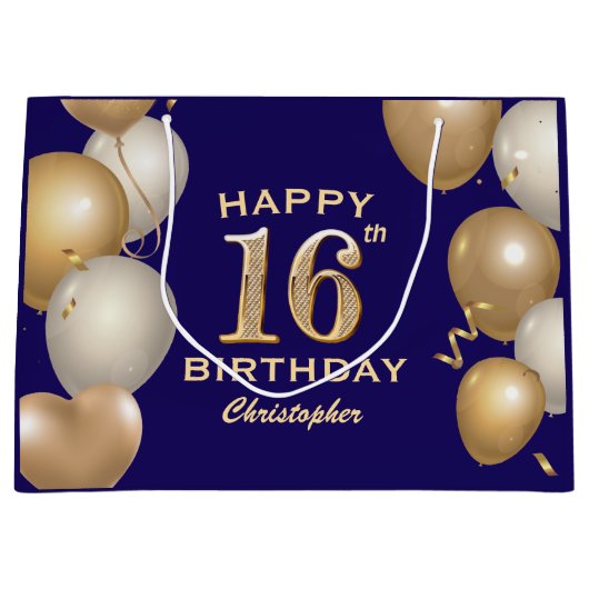 16e verjaardag Navy Blue en Gold Balloons Groot Cadeauzakje (Voorkant)